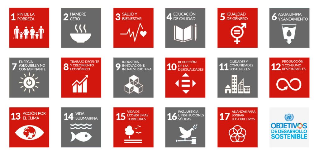 Infografía con los 17 Objetivos de Desarrollo Sostenible (ODS) de la ONU, representados en cuadros de color rojo y gris con iconos y descripciones. Incluye metas como Fin de la Pobreza, Hambre Cero, Salud y Bienestar, Educación de Calidad, Igualdad de Género, Acción por el Clima y Producción y Consumo Responsables, entre otros. En la parte inferior derecha, aparece el logotipo de los Objetivos de Desarrollo Sostenible.